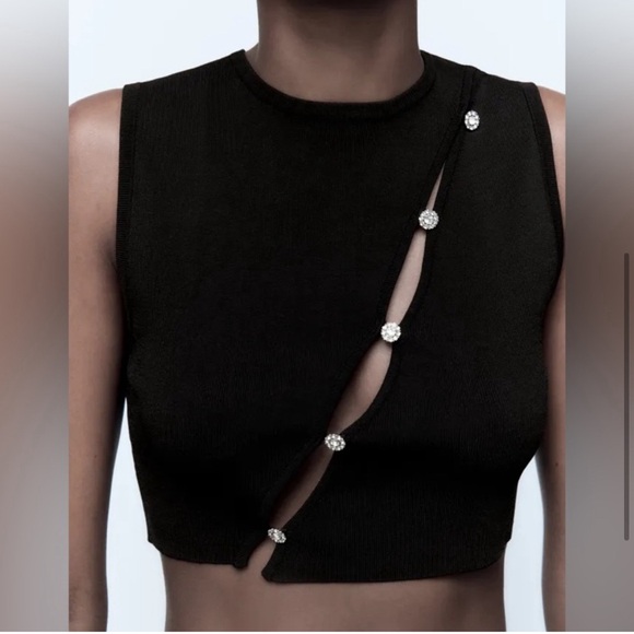 ZARA Knit Top with Jewel Rhinestone Diagonal Asymmetrical Button Knit Sweater - Picture 3 of 5